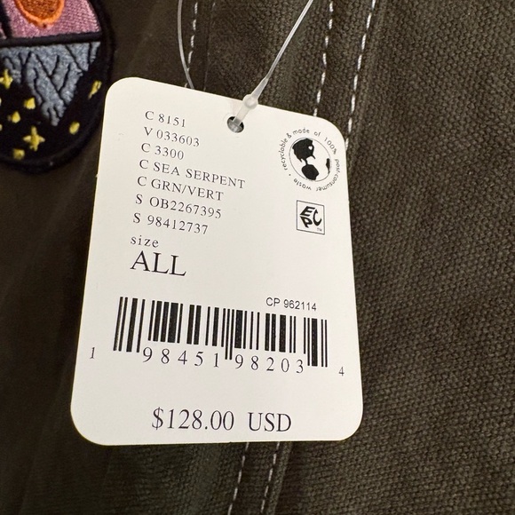 Free People Oversized Olive Canvas Tote Bag Embroidered Patches Rope Straps NWT - Picture 3 of 8